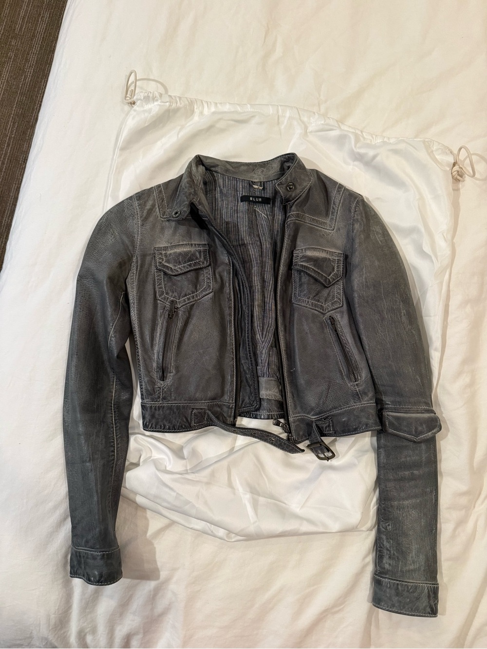 Blur grey cropped leather jacket